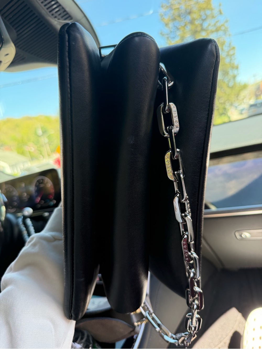 Louis Vuitton Black Embossed Monogram Leather Shoulder Pouch with Silver Chain - Picture 3 of 5
